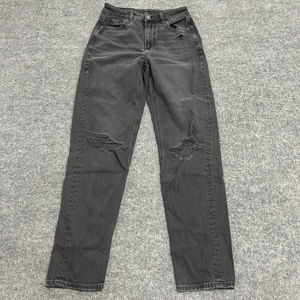 American Eagle Jeans Womens Size 2 X-Long Black Distressed Mom Recycled Cotton